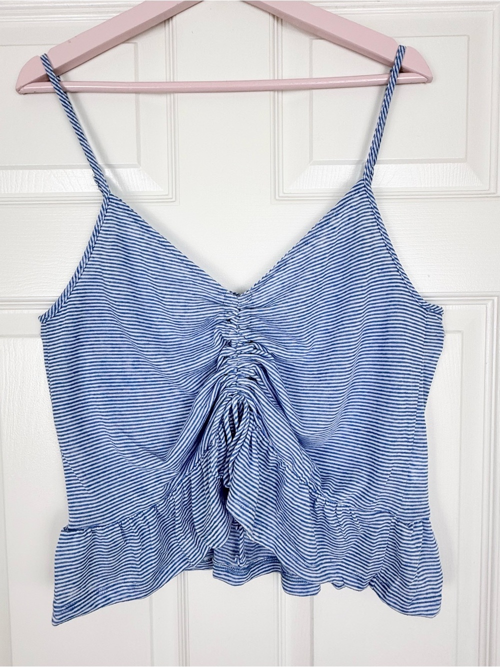 NWOT Socialite Blue Striped Ruffle-Hem Spaghetti Strap Knit Tank Large